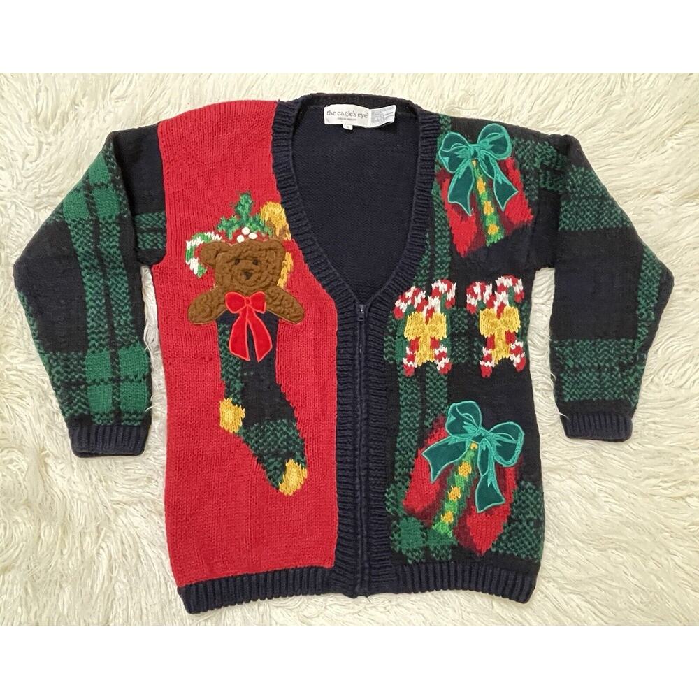 Vintage Eagle's Eye Novelty Christmas Sweater Teddy Bear Small 90s Ugly